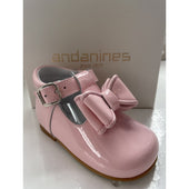 Andanines Girls Double Bow Buckle T- Bar Shoe in Pink Patent